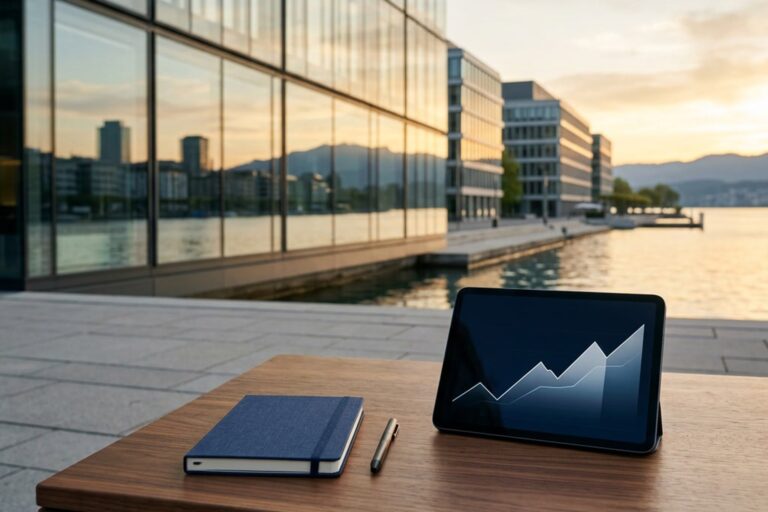 Aktien kaufen in der Schweiz: Arbeitsplatz mit Kurschart vor Schweizer Finanzdistrikt