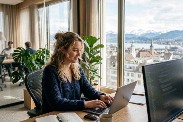 Selbststaendiger arbeitet im modernen Buero