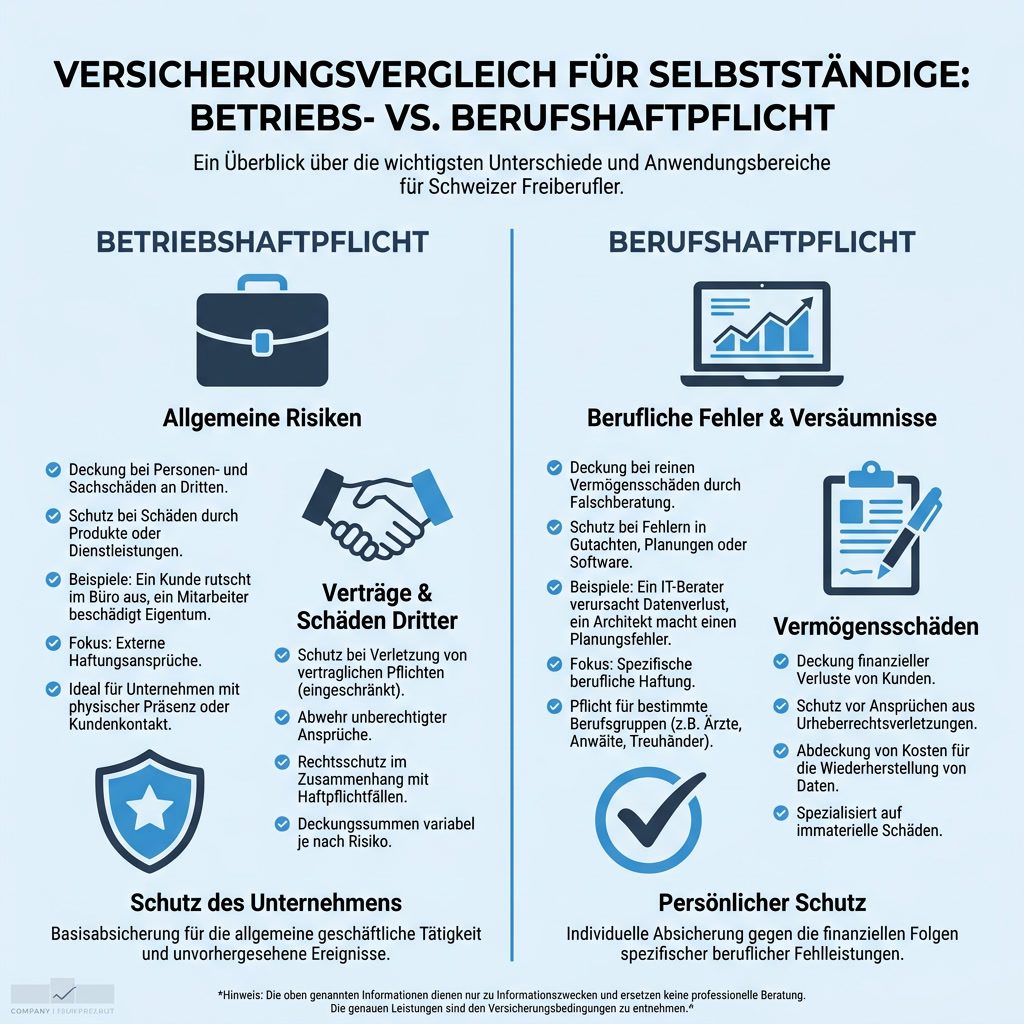Vergleich Betriebshaftpflicht und Berufshaftpflicht fuer Selbststaendige in der Schweiz