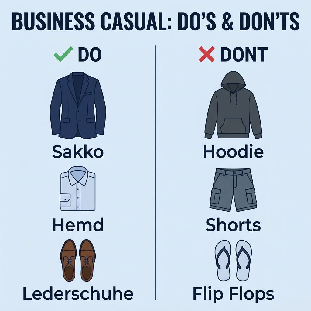 Business Casual Do's and Don'ts Infografik: Sakko, Hemd und Lederschuhe im Vergleich zu Hoodie, Shorts und Flip-Flops
