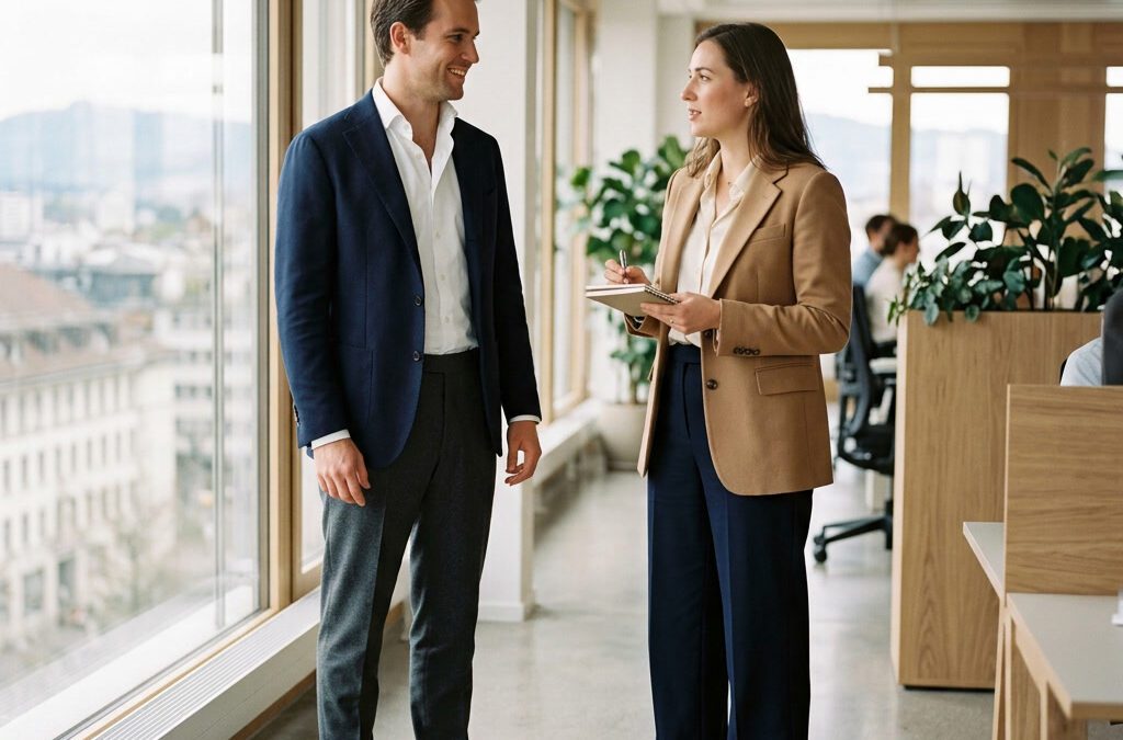 Mann und Frau im Business-Casual-Outfit im modernen Buero