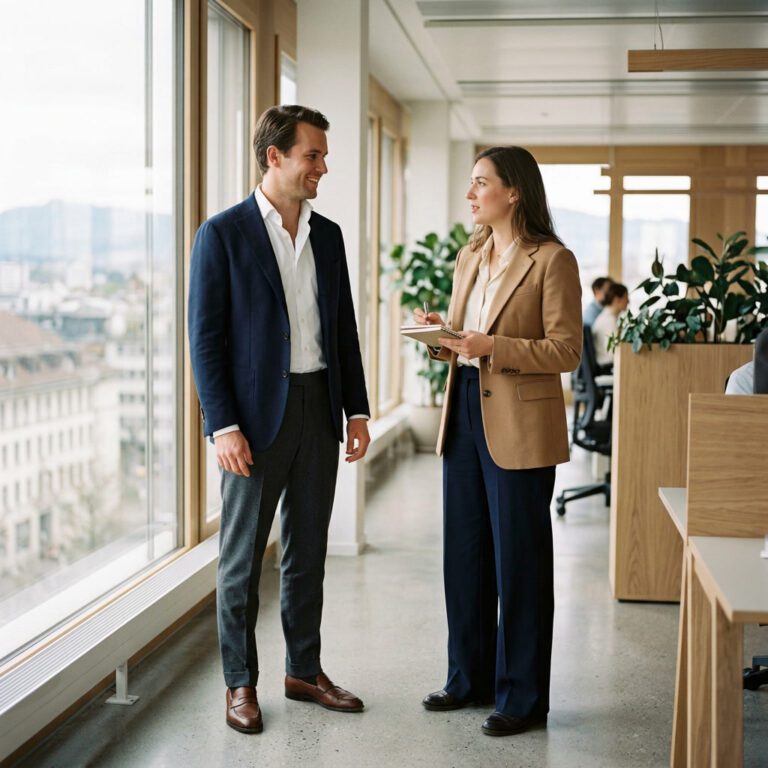 Mann und Frau im Business-Casual-Outfit im modernen Buero