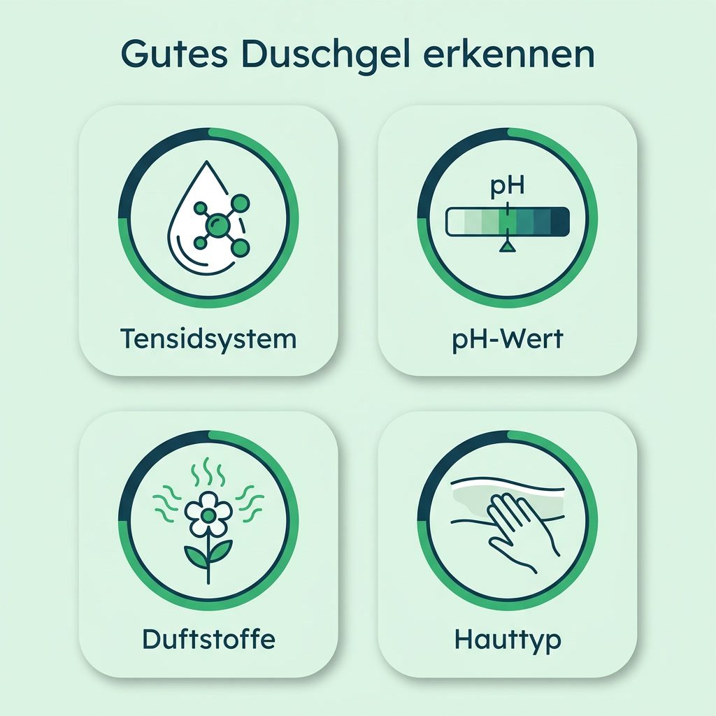 Infografik: Vier Kriterien für gutes Duschgel – Tensidsystem, pH-Wert, Duftstoffe, Hauttyp