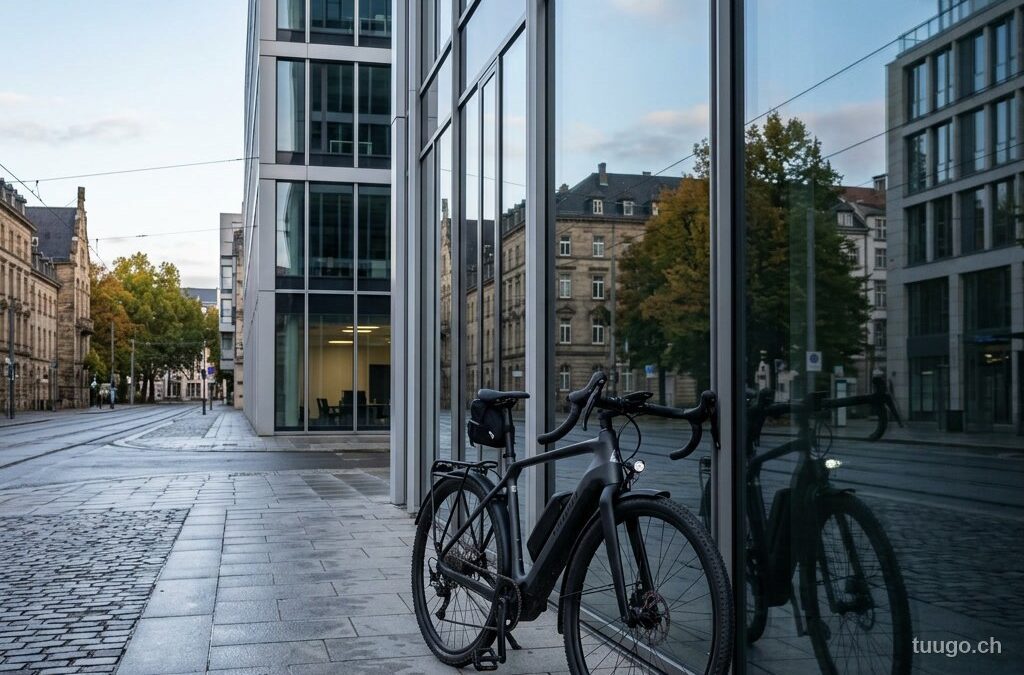 E-Gravelbike vor der Glasfassade eines modernen Bürogebäudes