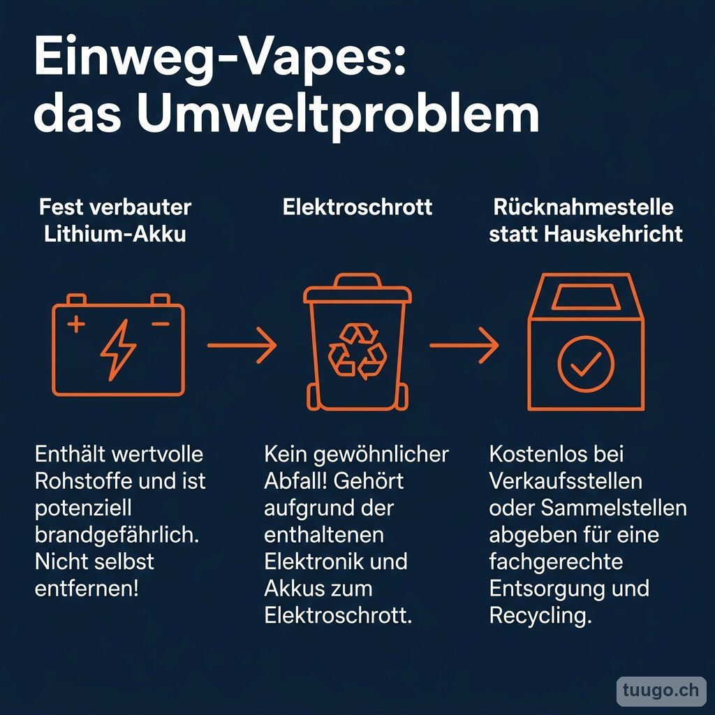 Infografik: Einweg-Vapes als Umweltproblem – fest verbauter Lithium-Akku, Elektroschrott, Rücknahmestelle statt Hauskehricht