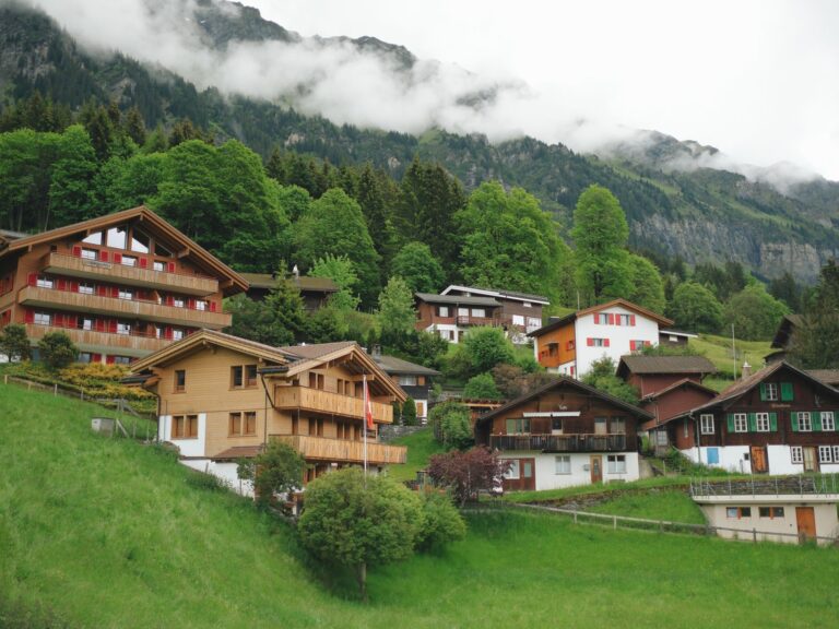 Wohnhäuser in einer Schweizer Gemeinde vor Bergkulisse