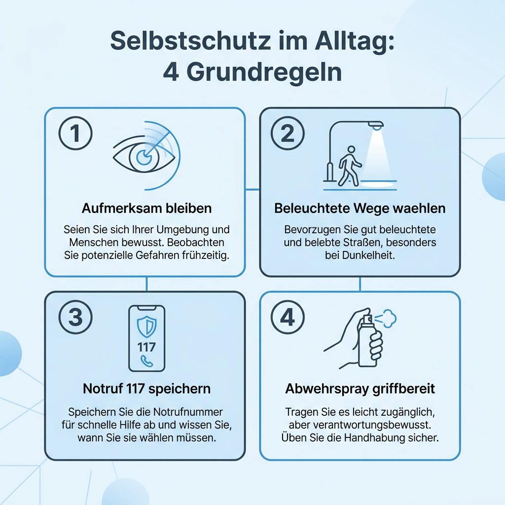 Infografik: Vier Grundregeln für den Selbstschutz im Alltag mit Aufmerksamkeit, beleuchteten Wegen, Notruf 117 und Abwehrspray