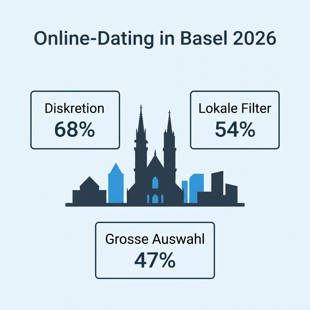 Online-Dating in Basel 2026 – Infografik mit Basel-Skyline und Kennzahlen Diskretion 68 Prozent, Lokale Filter 54 Prozent, Grosse Auswahl 47 Prozent
