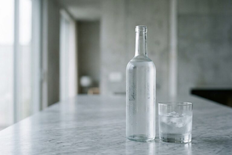 Vodka Warenkunde: Flasche und Glas, editorielle Aufnahme