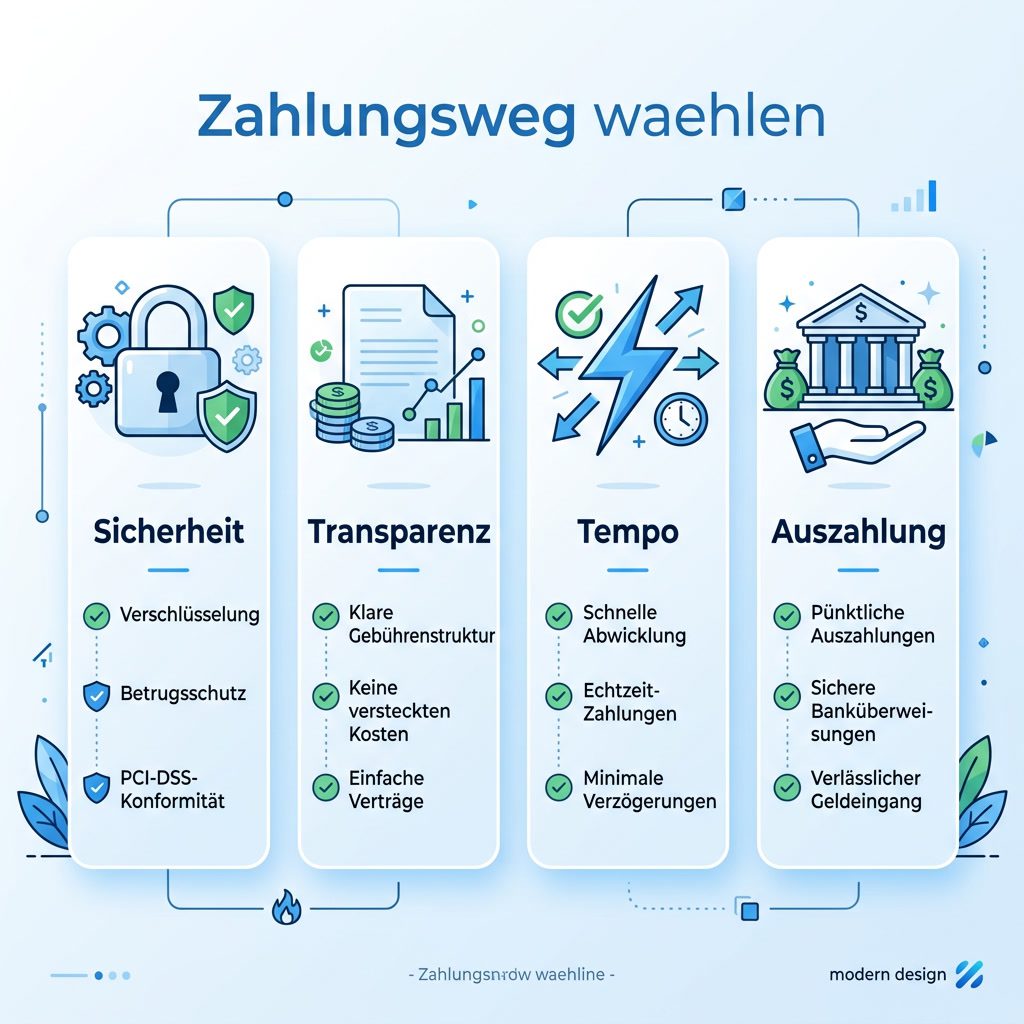 Online Casino mit Paysafe: sicherer Zahlungsweg 3 Infografik: Sicherheit, Transparenz, Tempo und Auszahlung