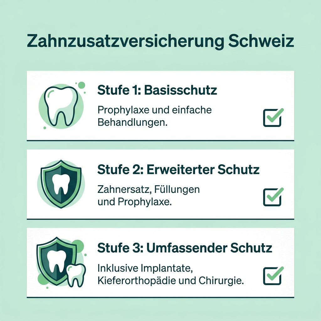 Drei Leistungsstufen einer Zahnzusatzversicherung in der Schweiz: Basisschutz, erweiterter Schutz und umfassender Schutz